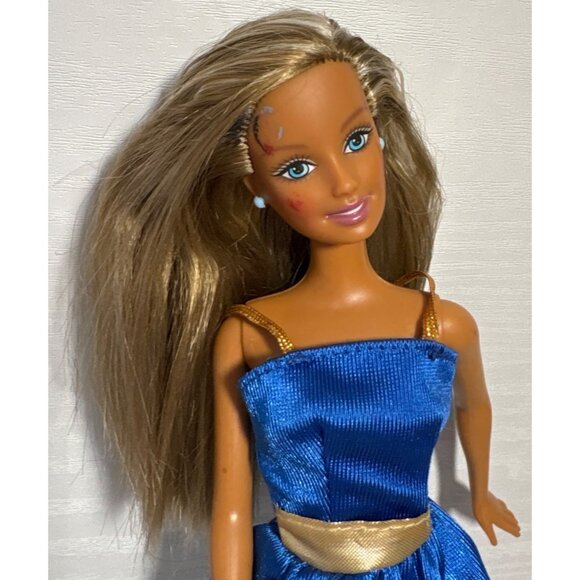 1999 Mattel Barbie Doll With Blonde Hair Blue Satin Dress Gold Belt Face Paint - Picture 2 of 9